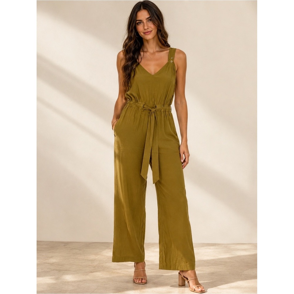 Banana Republic Petite 2 Olive Green Wide Leg Utility Jumpsuit Belted Sleeveless